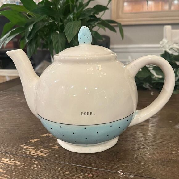 Rae Dunn Artisan Collection by Magena‎ Teapot Pastel Blue Black Polka Dots POUR - Picture 1 of 9